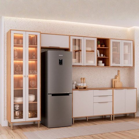 Cozinha Modulada 6 Peças Brilhante 1 Cristaleira 2 Balcões 3 Armários Aéreo Cinamomo/Off White