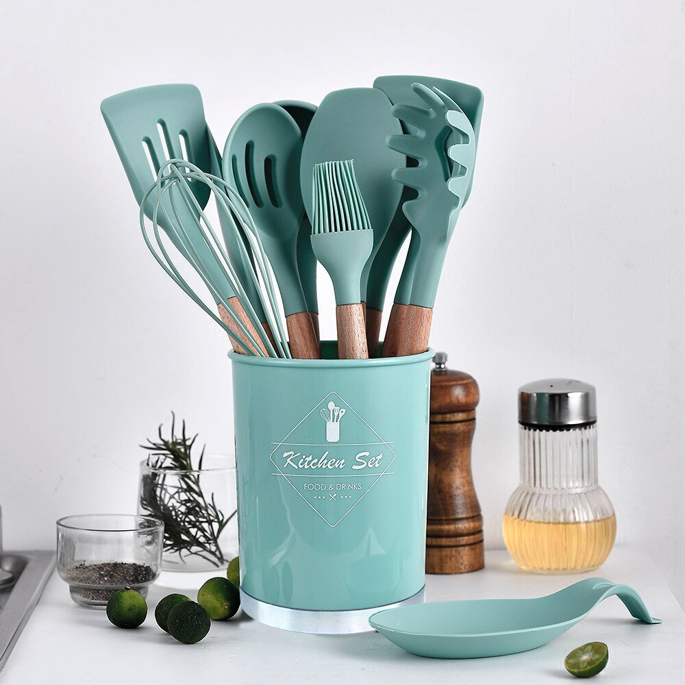 Kit 12 Peças Utensílios Silicone Verde Concha Colher Madeira - 2