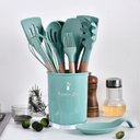 Ver imagem 2 de Kit 12 Peças Utensílios Silicone Verde Concha Colher Madeira