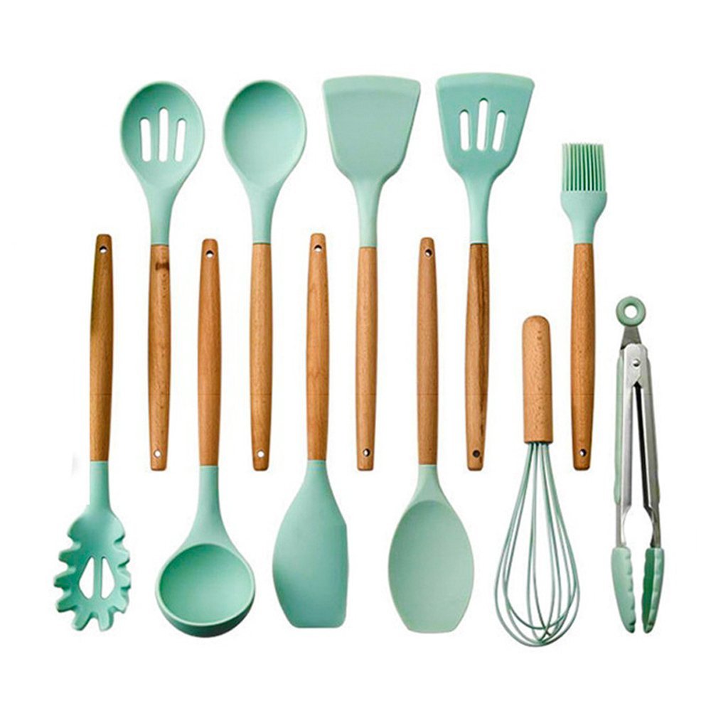 Kit 12 Peças Utensílios Silicone Verde Concha Colher Madeira - 4