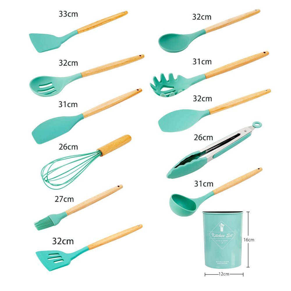 Kit 12 Peças Utensílios Silicone Verde Concha Colher Madeira - 3