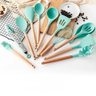 Kit 12 Peças Utensílios Silicone Verde Concha Colher Madeira - 5