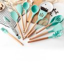 Ver imagem 5 de Kit 12 Peças Utensílios Silicone Verde Concha Colher Madeira