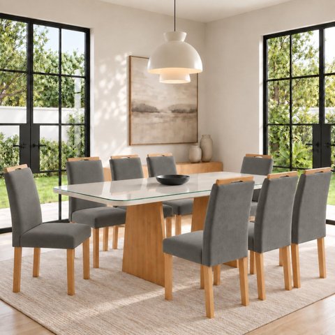 Conjunto Sala de Jantar 8 Lugares Retangular Tampo Vidro/MDF 200x90cm Mesa e Cadeiras Lyra