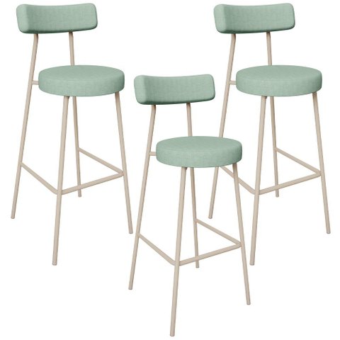 Kit 03 Banquetas Alta Bar Cozinha Sala de Jantar Aço Milão Arena L02 Linho Verde Menta - Lyam Decor