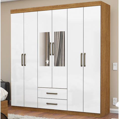 Guarda Roupa Solteiro com Espelho 6 Portas 2 Gavetas 153cm Áries Cinamomo/Off White - Carioca Móveis