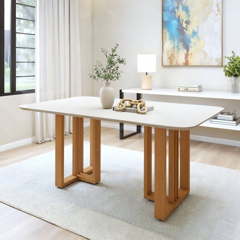 Mesa de Jantar 6 Lugares Tampo MDF Tessera Off White Amêndoa Clean/Off White