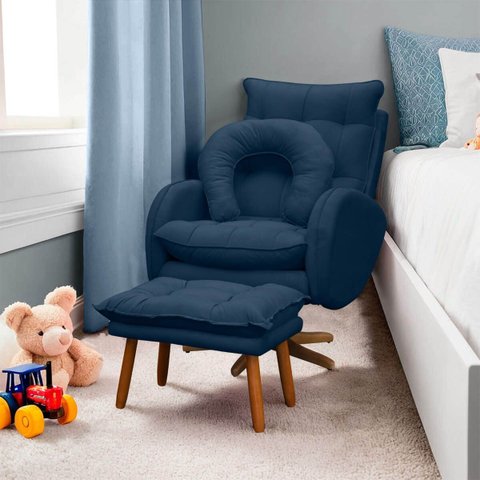 Kit Poltrona de Amamentação Base Giratória Balanço e Puff Angra Veludo - Sofa Store:Veludo Azul Mari