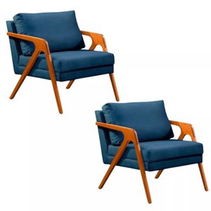 Kit 2 Poltronas Decorativa Mona Luxo Linho Base Madeira Cor Linho Azul Luxo