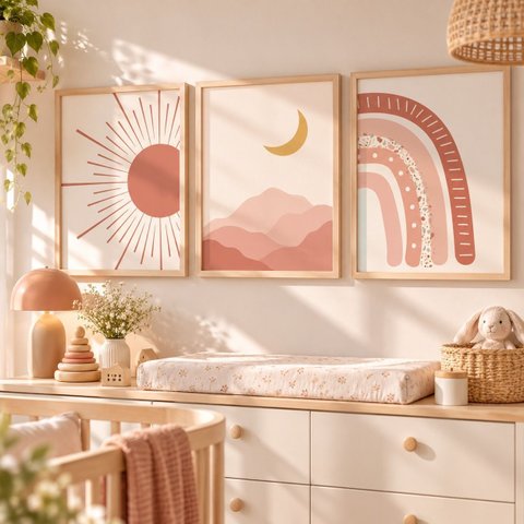 Kit 3 Quadros Infantil Arco Íris Quarto Bebê Menina 40x60 Moldura Madeira NO3