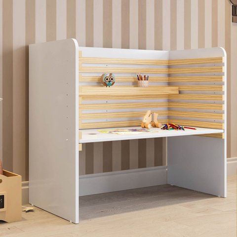 Escrivaninha Mesa Escritório Infantil e Juvenil Evolutiva wave Casatema 90cm MDF MadeiraOriginals Branco E Natural