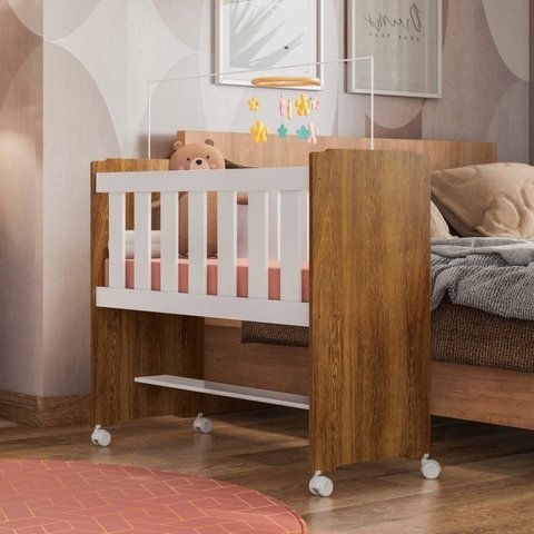 Mini Berço 100% MDF com Colchão Léo Yescasa Marrom/Branco/Ipê