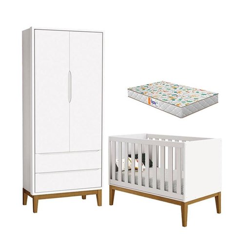 Berço Americano e Guarda Roupa 2 Portas New Classic Branco com Pés Madeira e Colchão Gazin – Reller