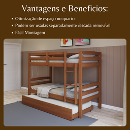 Treliche Solteiro Madeira Maciça com Cama Auxiliar e Proteção Castanho - 4