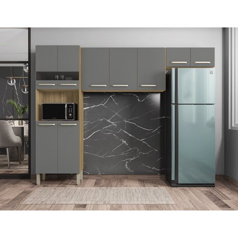 Cozinha Compacta 3 Peças 9 Portas sem Balcão Versalhes Freijó/Gris