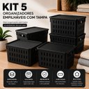 Ver imagem 2 de Kit 5 Cestos Organizadores 7,4L Pretos Empilhaveis com Tampa para Alimentos Armario Escritorio Cozin