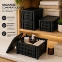 Ver imagem 3 de Kit 5 Cestos Organizadores 7,4L Pretos Empilhaveis com Tampa para Alimentos Armario Escritorio Cozin