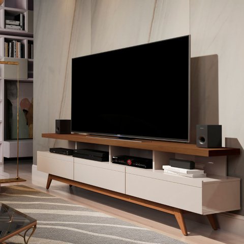 Rack para TV 70" Pés de Madeira Vivare Wood 1,80 Giga Moveis:OffWhite/Freijó