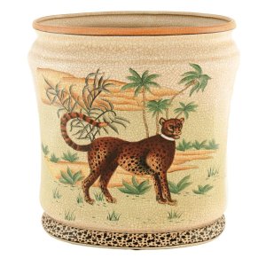 Vaso em Cerâmica Craquelê, com Pintura de Um Guepardo ou Cheetah (28 X 16 X 31 Cm)