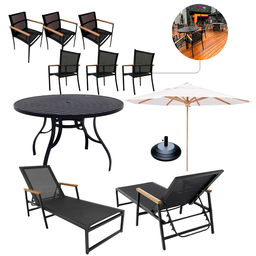 Conjunto com Mesa Ripada 1,40m + 6 Cadeiras de Jardim e Piscina + Guarda Sol - 1