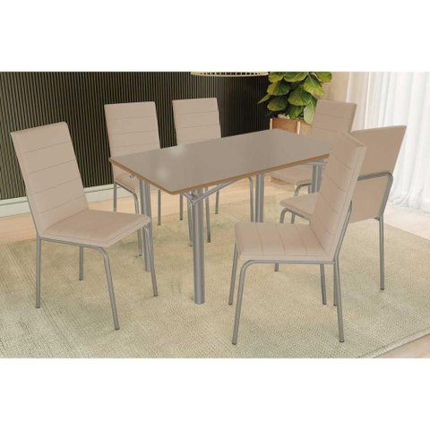 Conjunto: Mesa Sala Jantar Elba Tampo Madeirado C/ Vidro 160cm e 6 Cadeiras Amsterdã Niquel/freijo