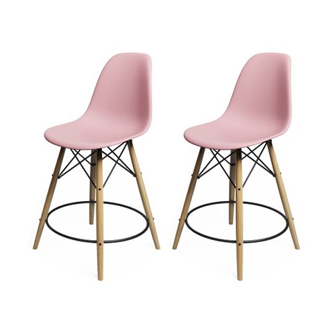 Kit 2 Banquetas Eames Eiffel de Madeira Assento Rosa Claro