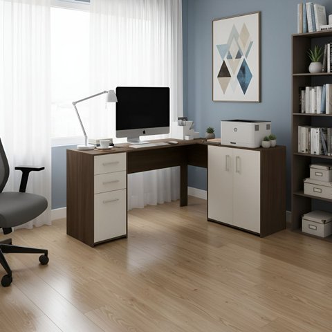 Escrivaninha para Computador Torino em L com 3 Gaveta - Canela / Off White