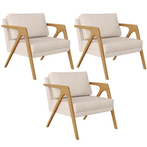 Kit 3 Poltronas Decorativas para Sala Estar Pietra Estrutura de Madeira L02 Suede Bege - Lyam