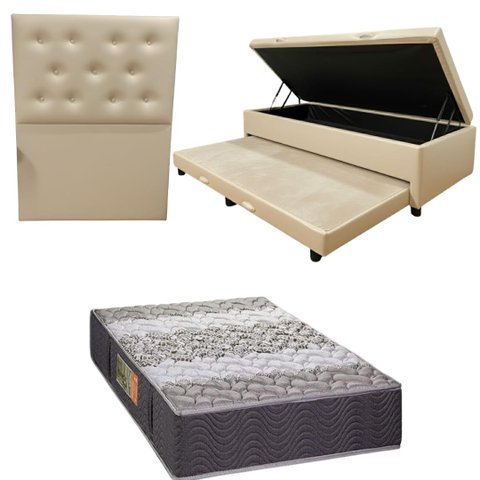 Bicama Box Baú com Colchão de Espuma Orthopedic + Cabeceira Botonê - Solteiro - Corino Bege