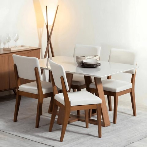 Conjunto Jantar Mesa 1,35 c/Vidro Avena 4 Cadeiras New Ella - Linho Off White - Linked 02