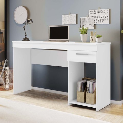 Mesa 108cm Escrivaninha Escritório Estudo Office com 1 Gaveta e Nicho Branca