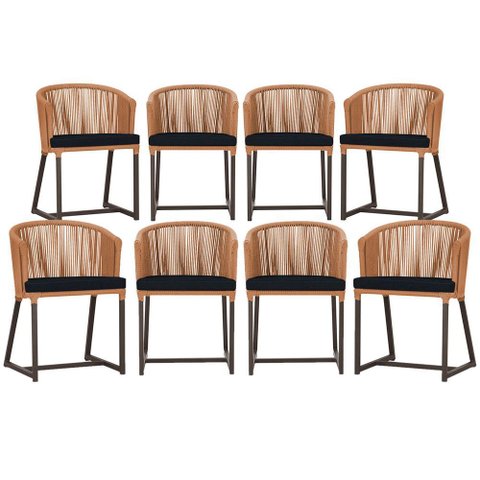 8 Cadeiras de Jantar Área Noronha em Alumínio com Pintura Marrom Corda Náutica Estofado 12 Trama Ori