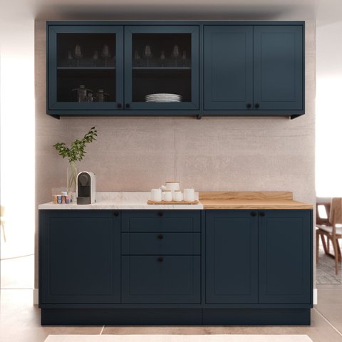 Cozinha Compacta Modulada 7 Portas 3 Gavetas 100% MDF 1 Tampo Sevilha Azul/Órion