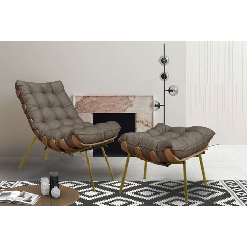 Poltrona Costela com Puff Adão Dourado Madeira -Veludo Marrom