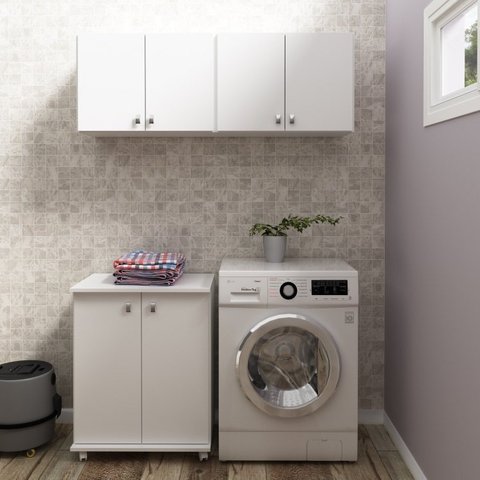 Conjunto Lavanderia Multiuso 3 Peças 1 Balcão BL3300 e 2 Armários Aéreos Alto AM3104 