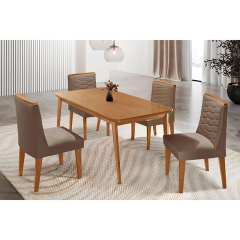 Conjunto: Mesa de Cozinha Havana Tampo Curvo 120cm+4 Cadeiras Maldivas Madeira Naturale - Capuccino/