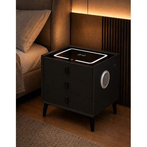 Mesa de Cabeceira Criado Inteligente Luminária Abajur LED 3 Gavetas Carregador Wireless Caixa de Som