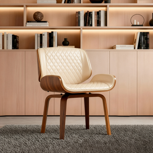 Cadeira Milão Base Fixa Giratória, Couro Sintético e Madeira Nogueira:bege