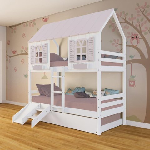 Treliche Casinha Bela Kit Escada/Escorregador - Madeira Maciça Branco/Rosa Megamobilia