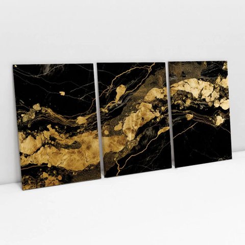 Kit Quadro Decorativo 3 Telas Canvas Black Ouro Tacolado Borda Infinita 80 X 120cm