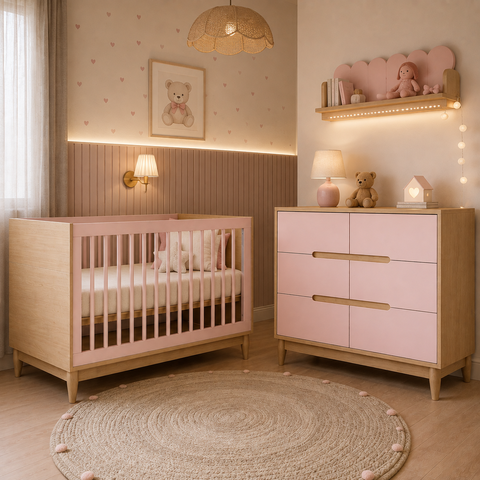 Berço e Cômoda 6 Gavetas Rosa Infantil Marca Quater
