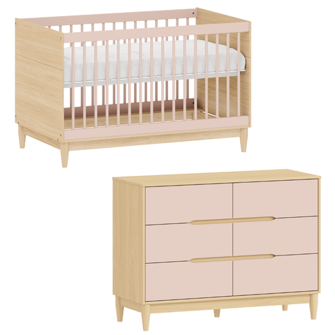 Berço e Cômoda 6 Gavetas Rosa Infantil Marca Quater