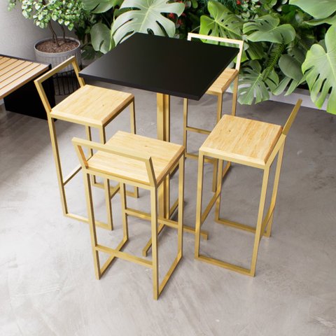 Jogo Mesa Alta Bistrô Quadrada Preta 4 Banquetas Pinus Confort Industrial Dourado Don Castro Decor I