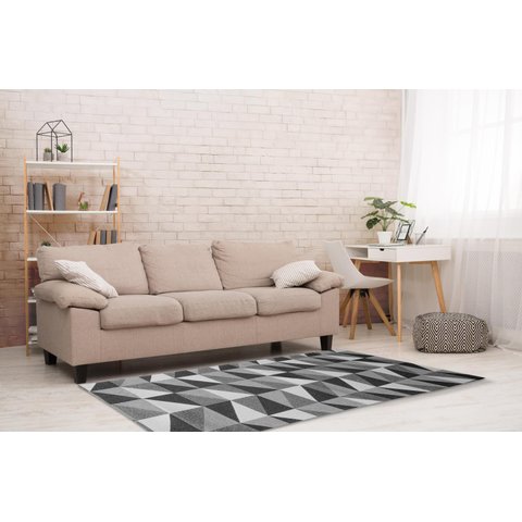Tapete Para Sala ou Quarto 2,50M x 1,32M Antiderrapante Miami Ladrilhos Preto e Cinza