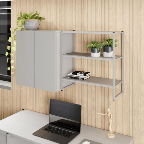 Armário Aéreo 60cm 2 Portas e Nicho 3 Prateleiras F5 Office Cor:cinza