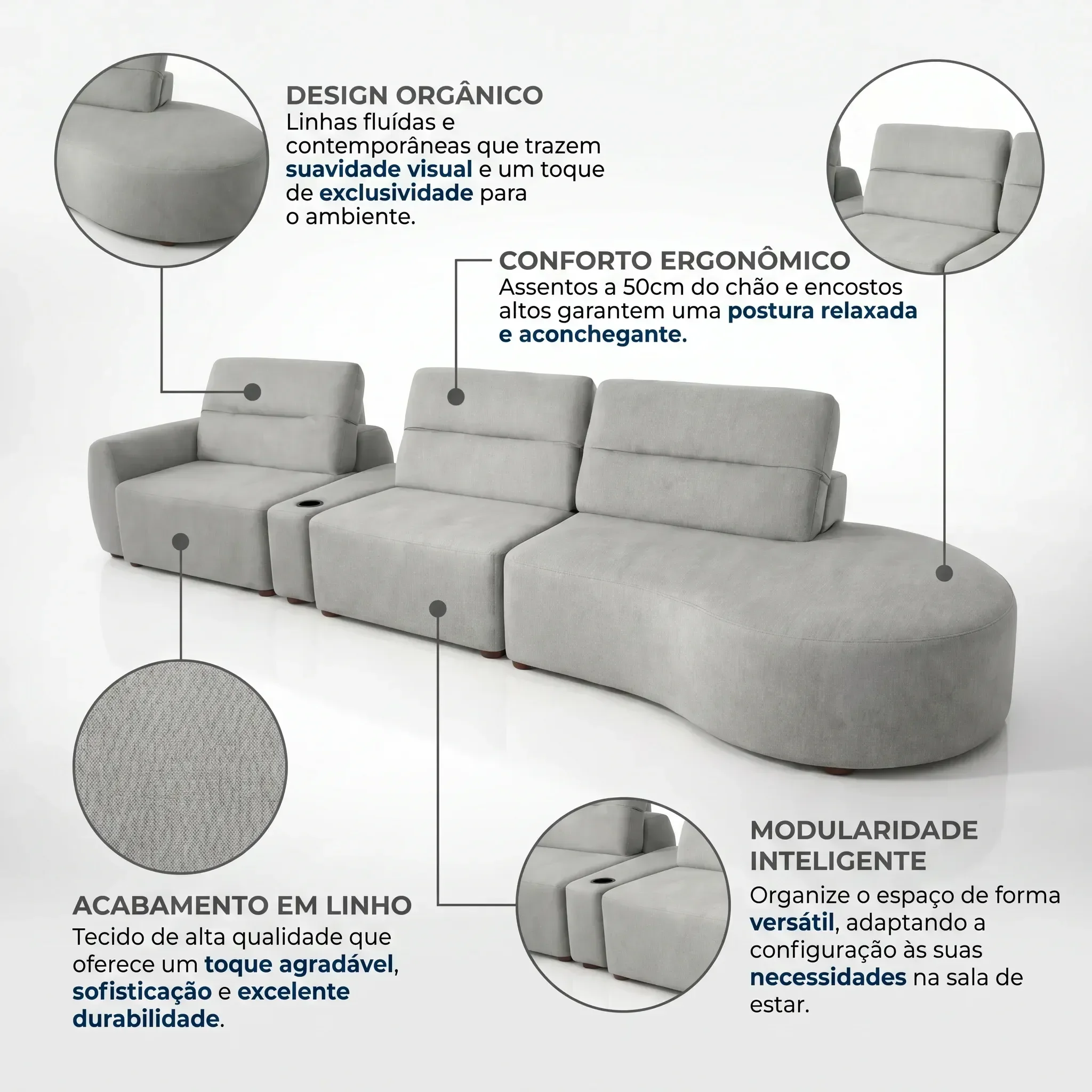 Ver imagem 5 de Sofá Modular 4 Lugares Orgânico com Porta Copos Marcela 388cm em Linho Cinza Yescasa