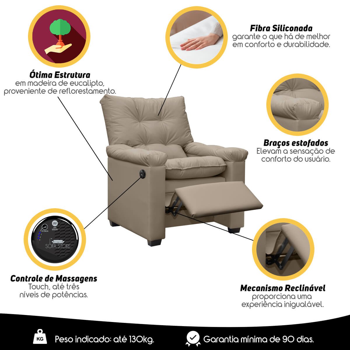 Poltrona Reclinável com Massagem Imperador Couro Facto Capuccino - Sofa Store - 7