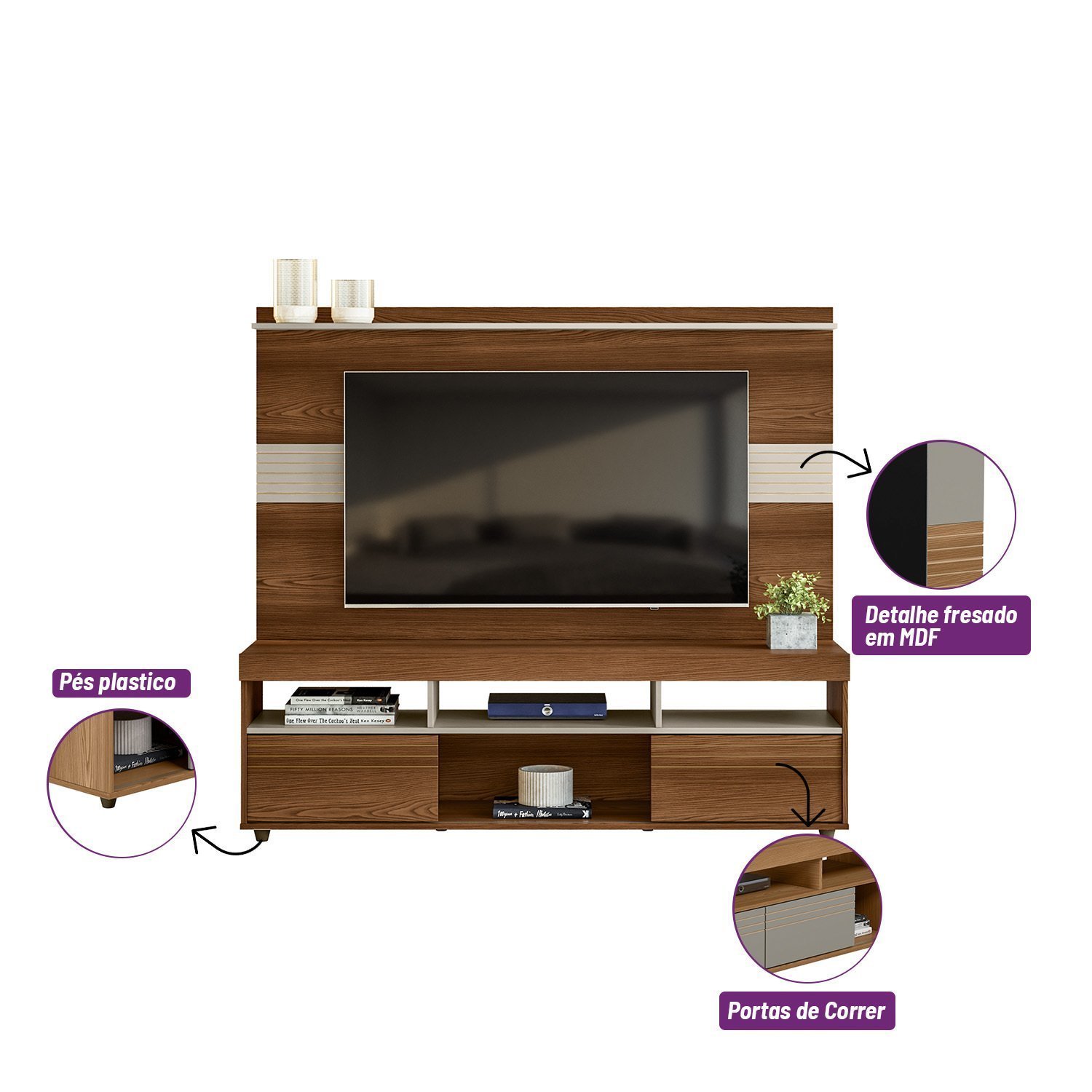 Rack com Painel Para TV Até 60 Polegadas 2 Portas de Correr 3 Nichos Samba Yescasa - 5