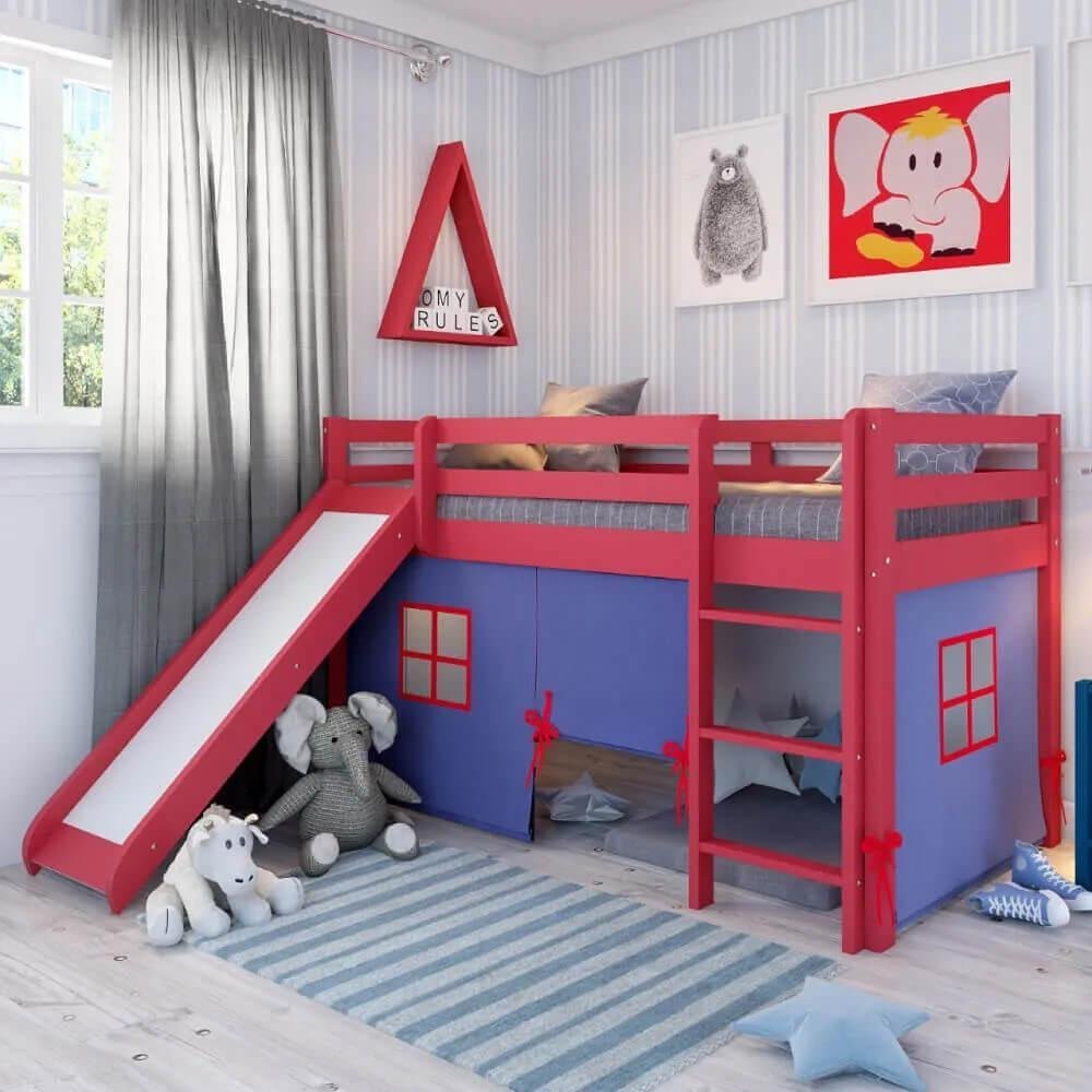 Cama Alta Kids com Escorregador e Cabaninha Azul - Vermelho ...