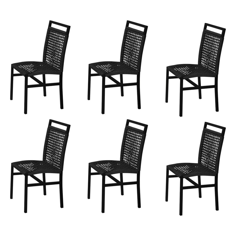 Kit 6 Cadeiras em Corda Náutica Preta e Alumínio Preto Liza para Área Externa